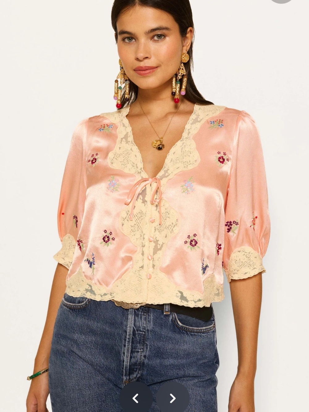RIXO Satin Lace-Trim Button Tie Top